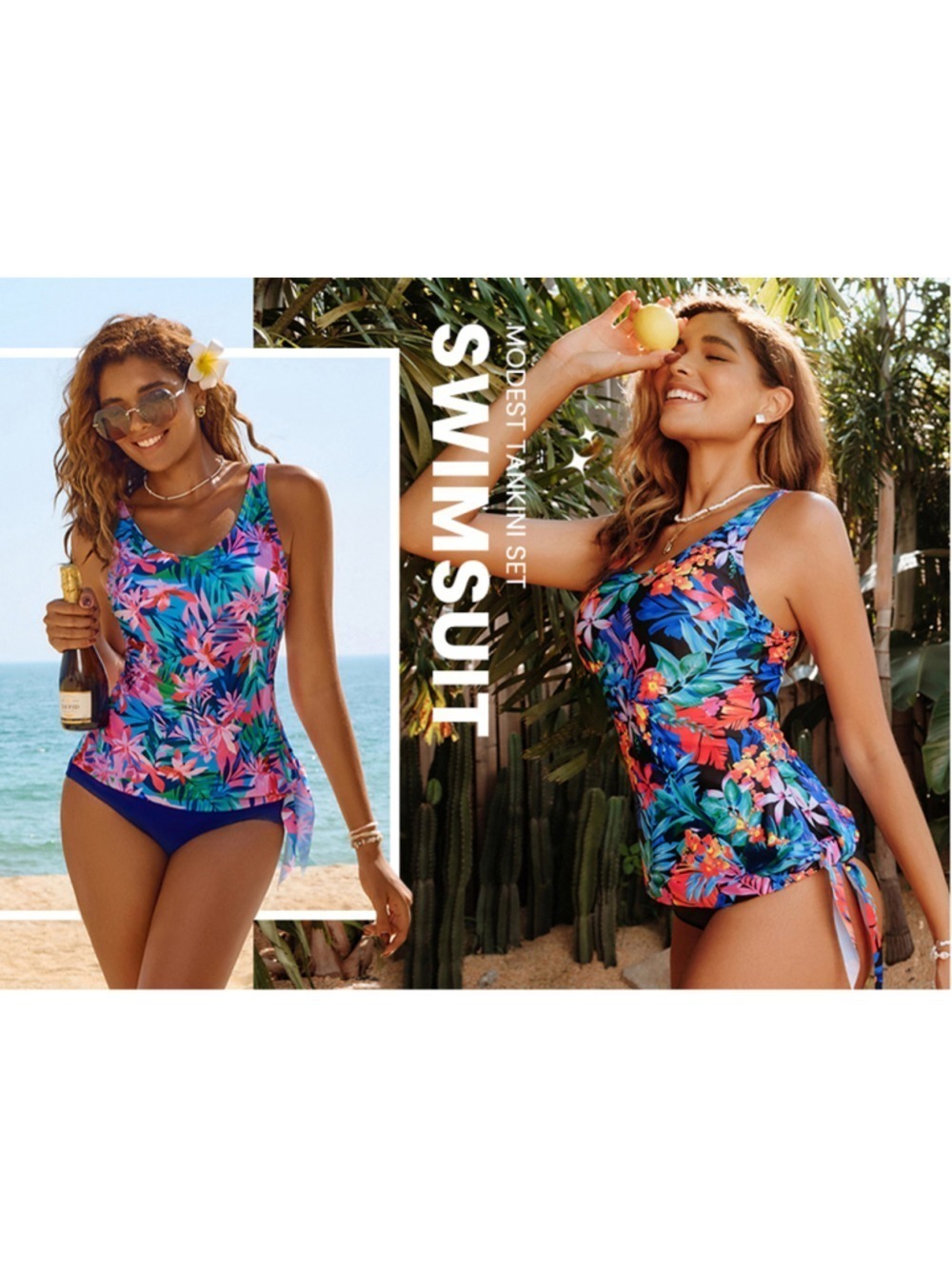 Women's KATE KASIN Blue Pink Floral Tankini Top L
